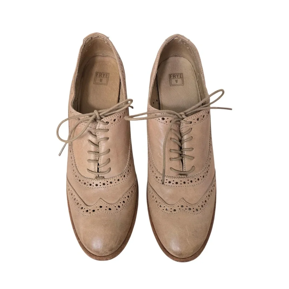 Frye Jillian Oxford Heels Womens Size 10B Tan Leather Wingtip Brogue Block Heel